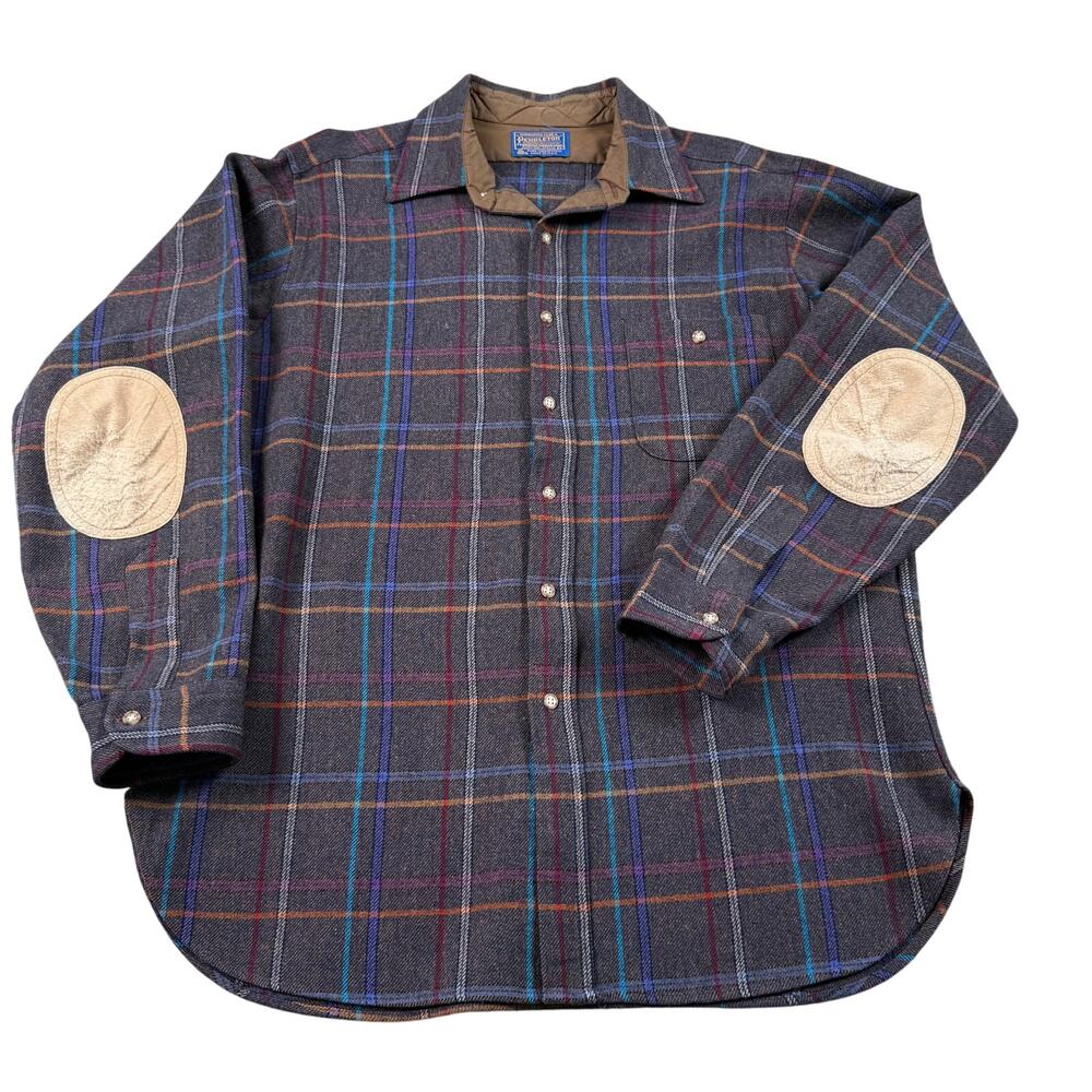 Pendleton Wool Button Up Shirt Mens L Multicolor Elbow Patches Made in USA